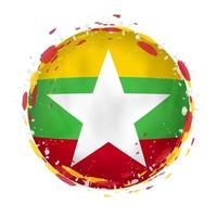 Round grunge flag of Myanmar with splashes in flag color. vector