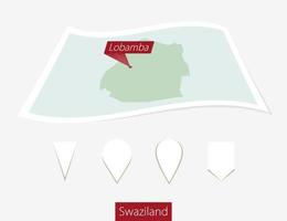 Curved paper map of Swaziland with capital Lobamba on Gray Background. Four different Map pin set. vector