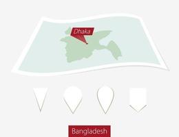 Curved paper map of Bangladesh with capital Dhaka on Gray Background. Four different Map pin set. vector