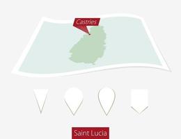 Curved paper map of Saint Lucia with capital Castries on Gray Background. Four different Map pin set. vector