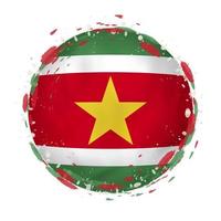 Round grunge flag of Suriname with splashes in flag color. vector