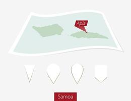 Curved paper map of Samoa with capital Apia on Gray Background. Four different Map pin set. vector
