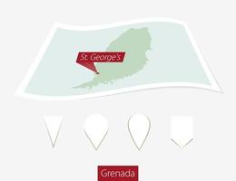 Curved paper map of Grenada with capital St. George's on Gray Background. Four different Map pin set. vector