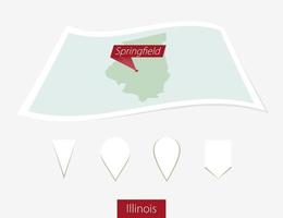 Curved paper map of Illinois state with capital Springfield on Gray Background. Four different Map pin set. vector