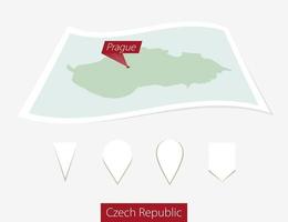 Curved paper map of Czech Republic with capital Prague on Gray Background. Four different Map pin set. vector