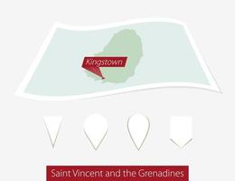 Curved paper map of Saint Vincent and the Grenadines with capital Kingstown on Gray Background. Four different Map pin set. vector