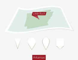 Curved paper map of Arkansas state with capital Little Rock on Gray Background. Four different Map pin set. vector