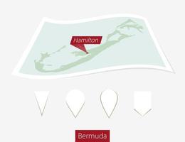 Curved paper map of Bermuda with capital Hamilton on Gray Background. Four different Map pin set. vector