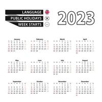 2023 calendar in English language, week starts from Sunday. vector