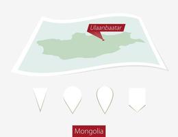 Curved paper map of Mongolia with capital Ulaanbaatar on Gray Background. Four different Map pin set. vector