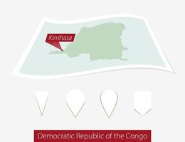 Curved paper map of DR Congo with capital Kinshasa on Gray Background. Four different Map pin set. vector