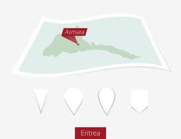 Curved paper map of Eritrea with capital Asmara on Gray Background. Four different Map pin set. vector