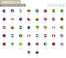 America flags collection. Big set of blue pin icon with flags. vector