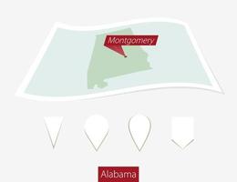 Curved paper map of Alabama state with capital Montgomery on Gray Background. Four different Map pin set. vector