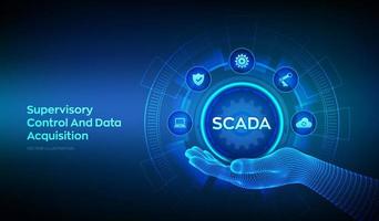 SCADA system icon in wireframe hand. Supervisory Control And Data Acquisition technology concept. Control system architecture comprising computers, networked data communications. Vector illustration.