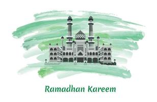 Ramadhan Kareem Greeting Welcome the Holy Month of Ramadhan with Masjid Agung Jamik Malang Vector illustration, Isolated on Green Artistic Watercolor Painting Brush Background.