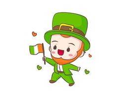 Cute Adorable Leprechaun cartoon holding Ireland flag. Hand drawn chibi character. Happy Saint Patrick's Day concept design. Isolated White background. Vector art illustration.
