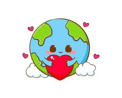 Cute adorable earth cartoon hugs love heart. World earth day concept design. Kawaii mascot character clip art. Vector art illustration.