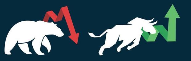 Bull or bullish run Bear or bearish market trend in crypto currency or stocks. Trade exchange, green up or red down arrows graph. Stock market price chart. Global economy crash or boom. Vector