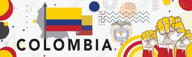 bandera Colombia nacional día con mapa, bandera colores tema antecedentes y geométrico resumen retro moderno azul rojo amarillo diseño. Colombiana tema. bogota vector ilustración