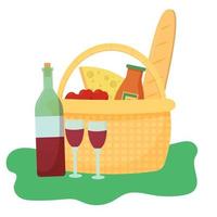 Basket for picnic with cheese, baguette, apples, bottle with wine. Enjoying summer, outdoor activity, romantic isolated on white background stock vector illustration. Vector illustration