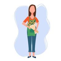 Attractive woman standing and holding bouquet of flowers in hands. Florist, flower shop service concept stock vector illustration isolated on white background.