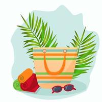 Travel, adventure, beach essentials. Bag for beach resting with sunglasses and towel's. Bright sunny vector illustration in flat style. Decorated with tropical plants. Isolated on white background.