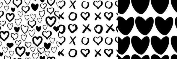 Set heart romantic doodle seamless patterns with black hearts, tic tac toe elements. Shape on white background in hand drawn hipster grunge style. Vector illustration