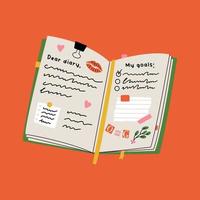 Open Notebook with stickers and notes vector