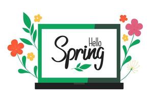 Spring came. Spring sale sign. Spring lettering. Flowers grow from a laptop. Spring postcard. vector