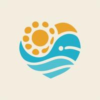 Logo with sun, waves and a whale in the form of a heart. vector