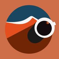 Cup of coffee on a plate in the form of mountains. Cartoon coffee concept. vector