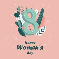 Women's day holiday banner. 8 march card with leaves and flowers. Beautiful banner with number eight. vector