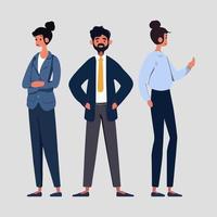 Cartoon illustration of business people. Standing man and two women. Vector team concept.