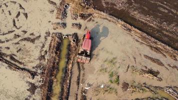 Aerial view of farmer in red tractor preparing land for rice planting with birds flying around. Farmer working in rice field by tractor. Large agricultural industry landscape. video