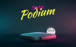 The square podium with blue and pink neon background, backdrop for display product on sale. Vector illustration