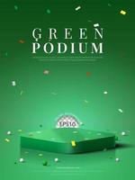 Square podium with confetti on green background vector