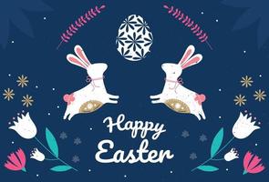 Easter Day Vector Card. Folk modern style background with bunnies and eggs on turquoise background with flowers. Finished postcard for design or for gift giving.