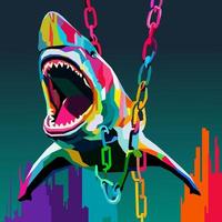 tiburón enredado en un cadena dibujado utilizando wpap Arte estilo, popular arte, vector ilustración.