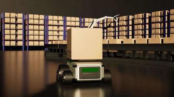 robô de carro transporta caixa de caminhão com objeto de interface ai para exportação e importação de produtos de tecnologia da indústria de manufatura do futuro robô cibernético no armazém pela tecnologia futura mecânica de braço video