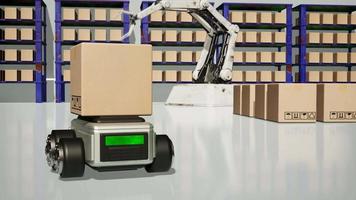 auto robot transporten vrachtauto doos met ai koppel voorwerp voor fabricage industrie technologie Product exporteren en importeren van toekomst robot cyber in de magazijn door arm mechanisch toekomst technologie video