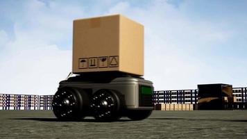 bil robot transporter lastbil låda med ai gränssnitt objekt för tillverkning industri teknologi produkt exportera och importera av framtida robot cyber i de lager förbi ärm mekanisk framtida teknologi video