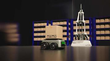 Car Robot transports truck Box with AI interface Object for manufacturing industry technology Product export and import of future Robot cyber in the warehouse by Arm mechanical future technology video