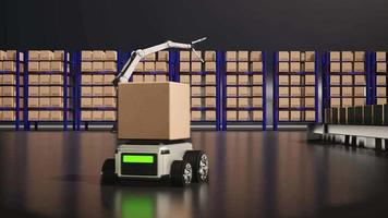 Car Robot transports truck Box with AI interface Object for manufacturing industry technology Product export and import of future Robot cyber in the warehouse by Arm mechanical future technology video