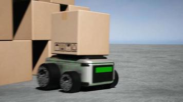 auto robot transporten vrachtauto doos met ai koppel voorwerp voor fabricage industrie technologie Product exporteren en importeren van toekomst robot cyber in de magazijn door arm mechanisch toekomst technologie video