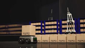 Car Robot transports truck Box with AI interface Object for manufacturing industry technology Product export and import of future Robot cyber in the warehouse by Arm mechanical future technology video