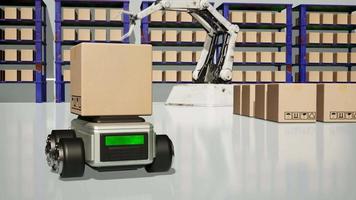 el robot del automóvil transporta la caja del camión con el objeto de interfaz ai para la exportación e importación de productos tecnológicos de la industria manufacturera del futuro robot cibernético en el almacén por brazo tecnología futura mecánica video