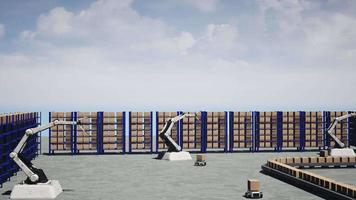 Car Robot transports truck Box with AI interface Object for manufacturing industry technology Product export and import of future Robot cyber in the warehouse by Arm mechanical future technology video