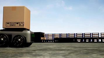 autoroboter transportiert lkw-box mit ai-schnittstellenobjekt für die fertigungsindustrie technologie produkt export und import zukünftiger roboter cyber im lager durch arm mechanische zukunftstechnologie video