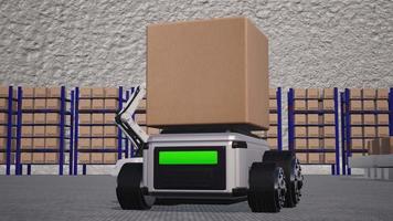 el robot del automóvil transporta la caja del camión con el objeto de interfaz ai para la exportación e importación de productos tecnológicos de la industria manufacturera del futuro robot cibernético en el almacén por brazo tecnología futura mecánica